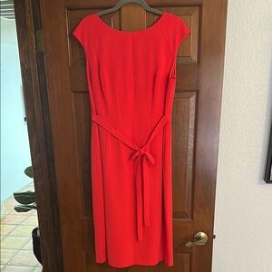 Adrianna Papell Red Crepe Sheath Midi Dress with Ruffle V Back